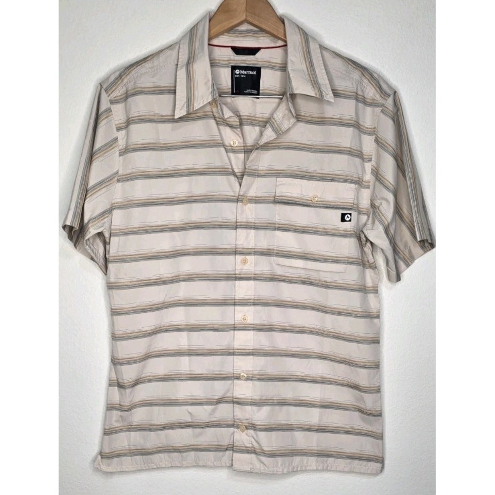 New Marmot Beacon Hill Men L Beige Short Sleeve UPF 50 Shirt‎ Golf Outdoor Hike